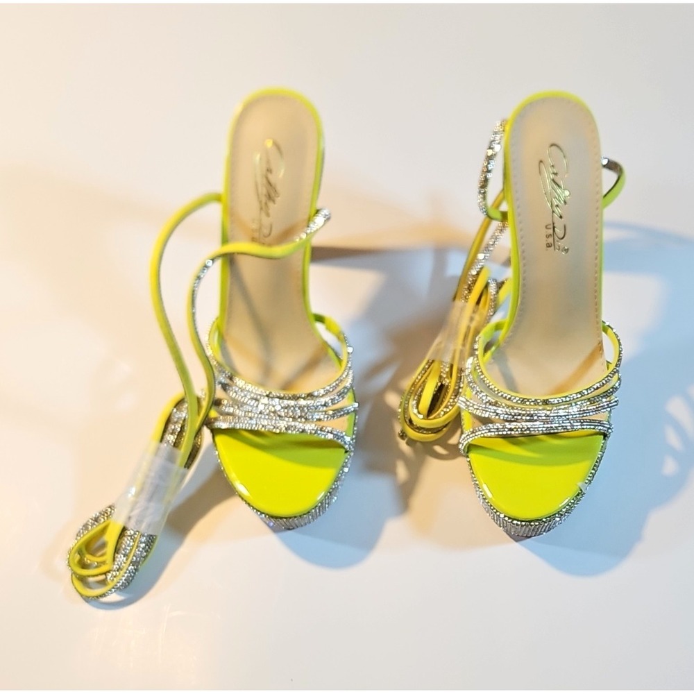Cathy Din Lime/Silver Synthetic Strappy Platform Rhinestone Open Toe 8